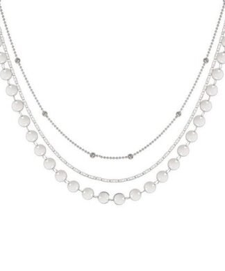 Collier triple rang argenté avec perles, maillons et pastilles brillantes