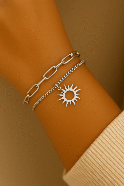 bracelet double rang avec soleil en acier inoxydable