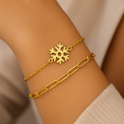 bracelet double rang avec pendentif flocon de neige en acier inoxydable