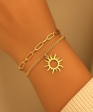 bracelet double rang avec soleil en acier inoxydable