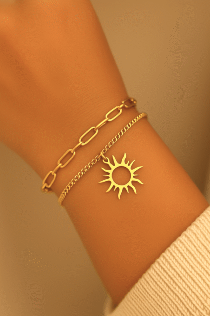 bracelet double rang avec soleil en acier inoxydable