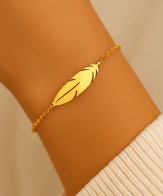 Bracelet plume doré en acier inoxydable, bijou fin et élégant