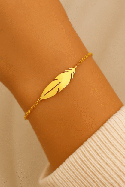 Bracelet plume doré en acier inoxydable, bijou fin et élégant