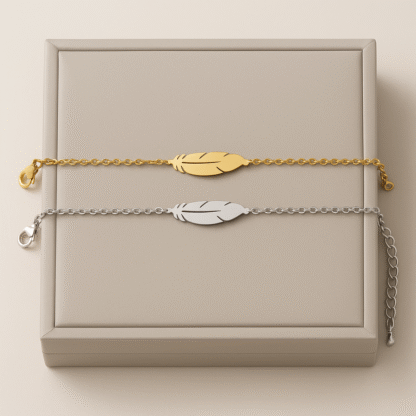 Deux bracelets plume femme en acier inoxydable, doré et argenté