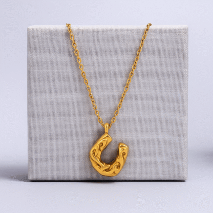 Collier doré fer à cheval posé sur une boîte grise