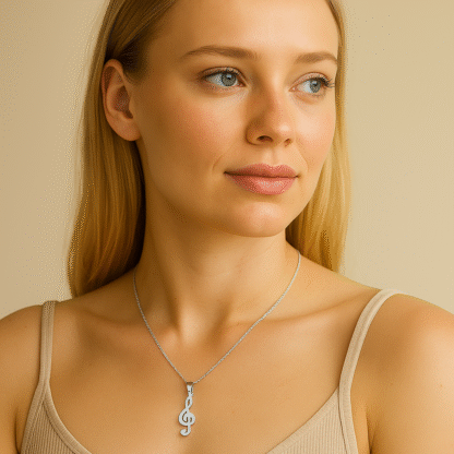 Femme blonde portant un collier argenté avec pendentif clé de sol