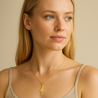 Femme blonde portant un collier doré avec pendentif en forme de clé de sol