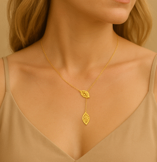 collier cravate en forme de Y avec deux feuilles en acier inoxydable