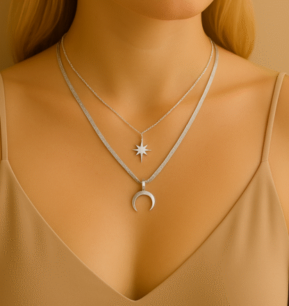 collier multirangs avec demi lune et étoile en acier inoxydable pour femme