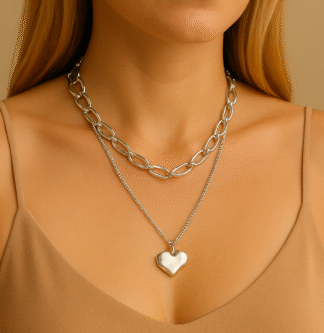 collier multirang avec coeur en acier inoxydable