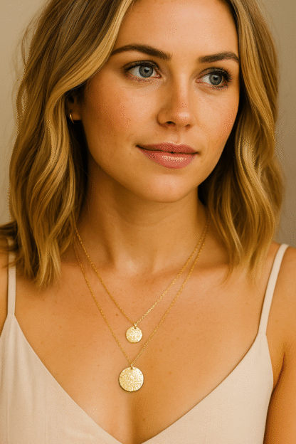 Femme portant un collier double rang doré avec deux médailles martelées en