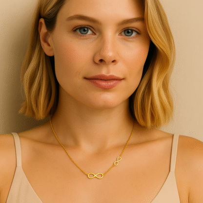 Femme portant un collier infini en acier inoxydable doré avec deux symboles