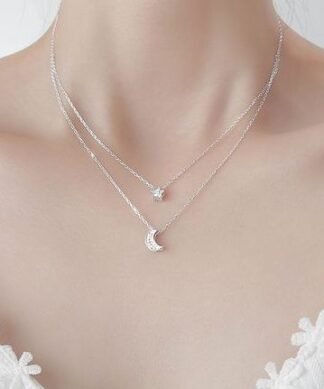 Collier multirangs en argent 925 avec pendentif lune et étoile
