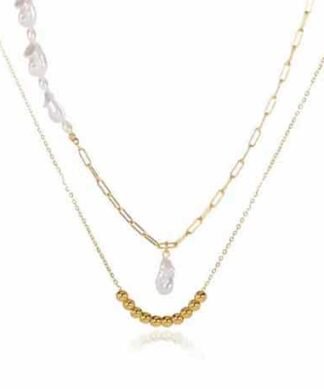Collier perle tendance multirangs doré avec perles blanches irrégulières
