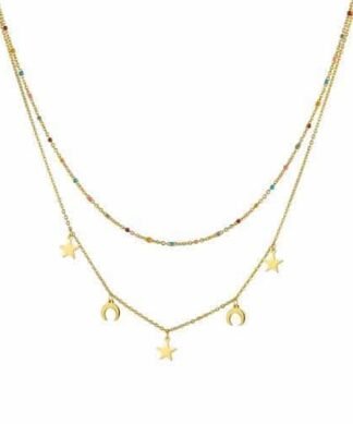 Collier ras du cou tendance doré avec perles colorées et pendentifs étoiles et croissant de lune