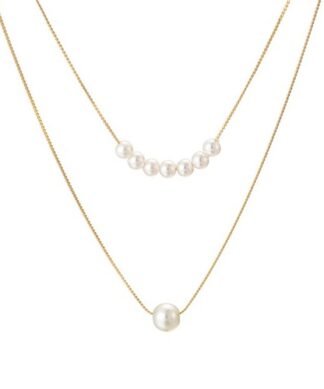 Collier multirang avec perles fantaisie blanches en métal doré pour femme