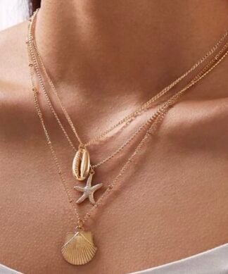 Collier multirangs pour femme avec pendentifs coquillages et étoile de mer
