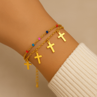 bracelet deux chaînes avec petites croix pour femme