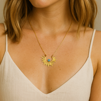 Collier demi soleil doré pour femme avec pierre turquoise en acier inoxydable