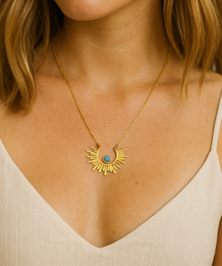 Collier demi soleil doré pour femme avec pierre turquoise en acier inoxydable
