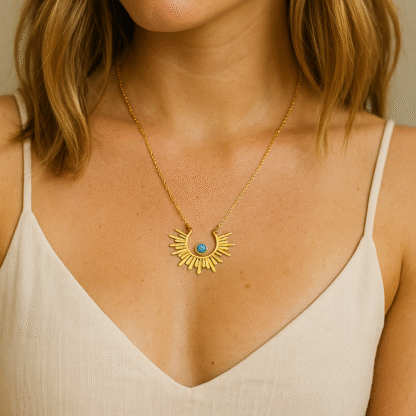 Collier demi soleil doré pour femme avec pierre turquoise en acier inoxydable