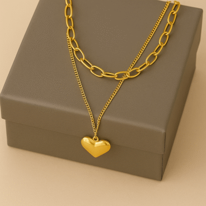 collier avec deux chaînes et pendentif coeur en acier inoxydable