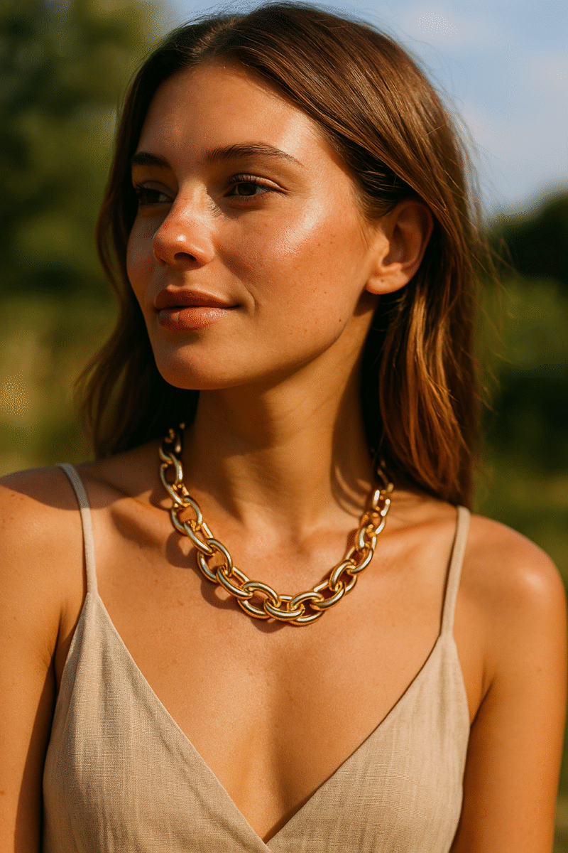 femme portant collier chaîne oversize dorée en extérieur