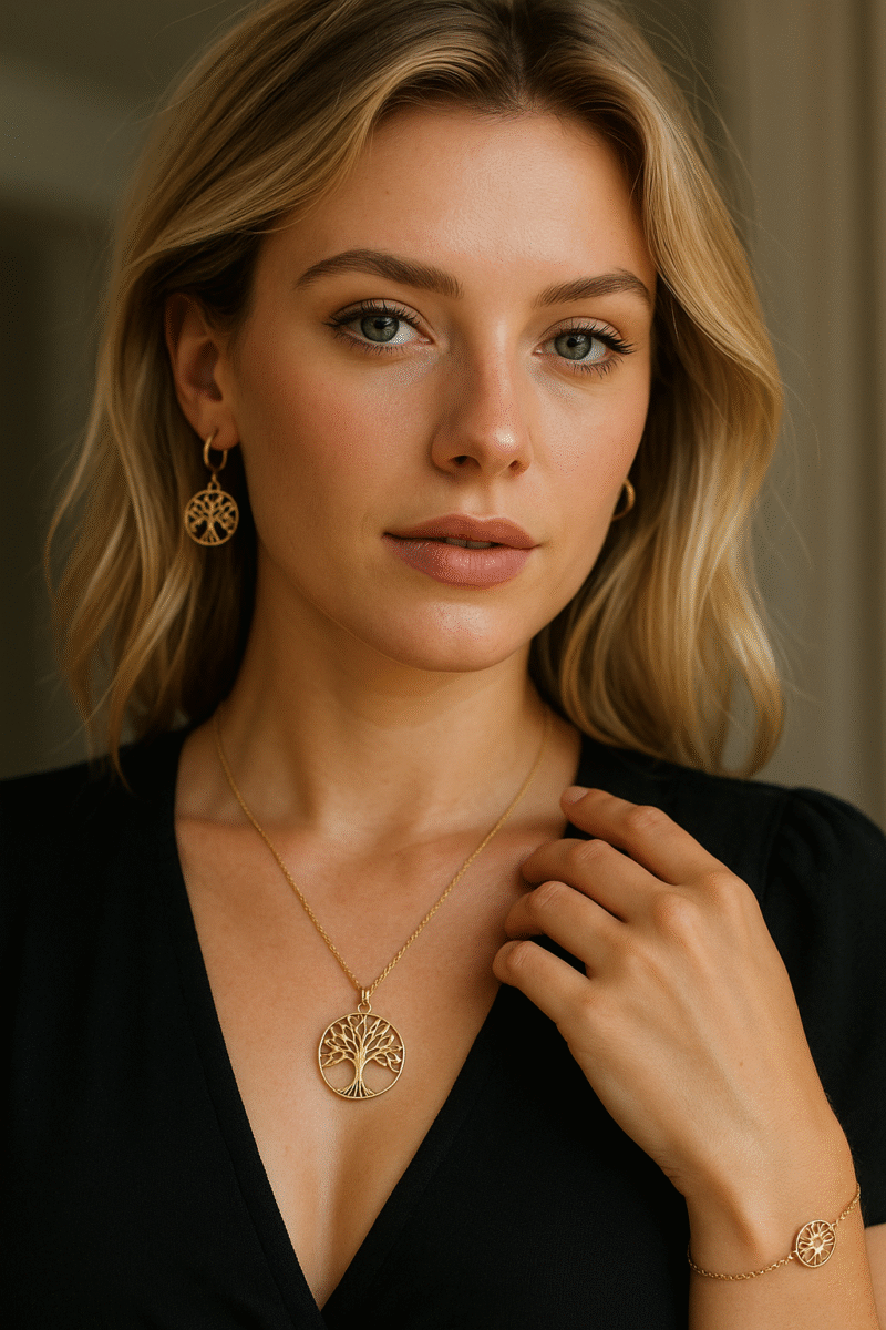 femme avec bijoux arbre de vie